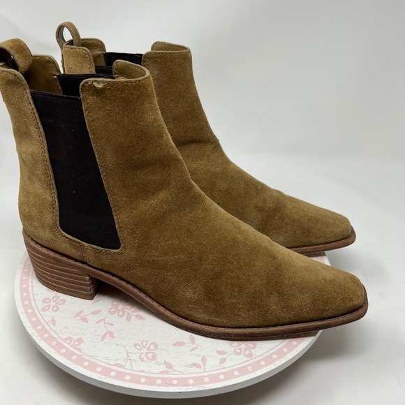 Tory Burch Chelsea Boots Women 10.5 Tan Suede Leather Square Toe Block Heel Pull - Picture 3 of 11